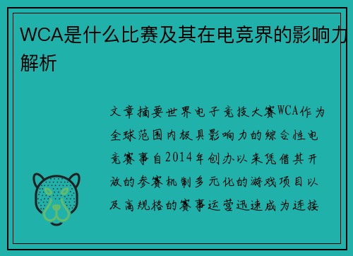 WCA是什么比赛及其在电竞界的影响力解析