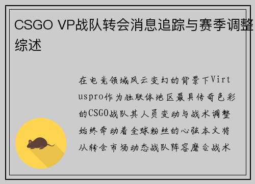 CSGO VP战队转会消息追踪与赛季调整综述
