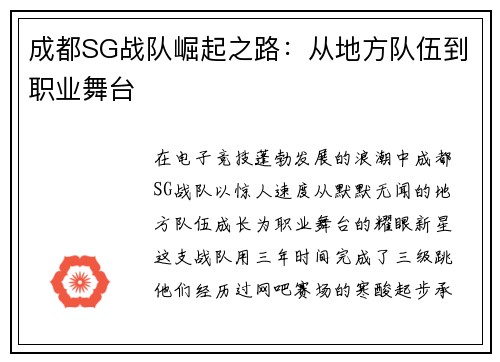 成都SG战队崛起之路：从地方队伍到职业舞台